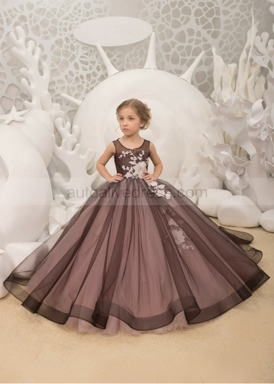 Chocolate Lace Tulle Horsehair Hem Pearl Buttons Back Flower Girl Dress
